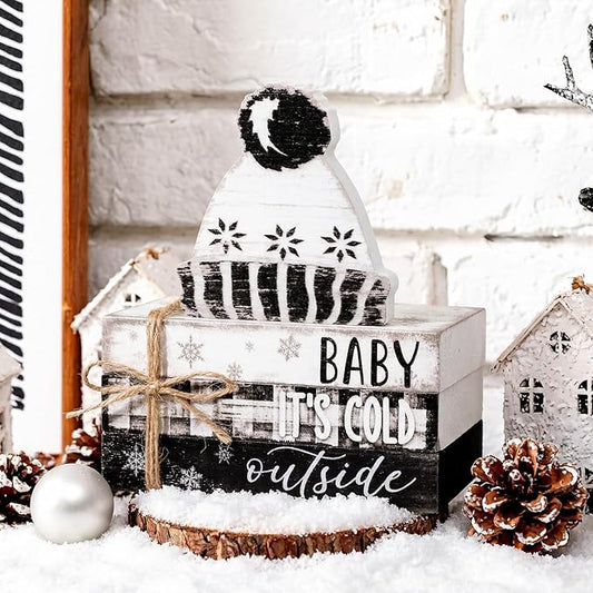 Geelin 4 Pcs Winter Tiered Tray Decorations Wooden Book Stack Signs, Rustic Farmhouse "baby It's Cold Outside" Holiday Winter Decor for Table Shelf Mantel Entryway Home Decorations