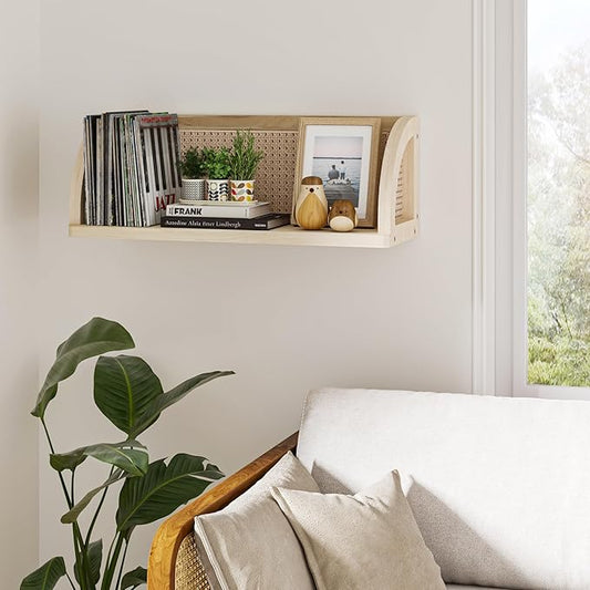 Wooden Rattan Wall Shelf, 16 Inch Long Hanging Shelves, Natural Wall Mounted Shelves, Easy to Install Floating Shelf, Decorative Wall Shelves for Kitchen, Bathroom, Living Room