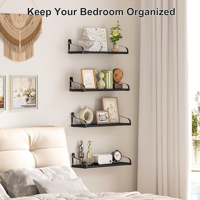 Love-KANKEI Black Floating Shelves for Wall Set of 4, 15.7 Inch Wood Wall Shelves with Bracket, Rustic Hanging Shelves for Bathroom, Bedroom, Kitchen,Living Room, Office Display