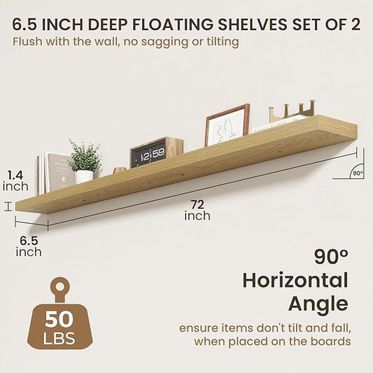 72 Inch Floating Shelves | 6.5 Inch Deep Oak Floating Shelves Set of 2 | 72" W x 6.5" D Rustic Oak Shelves with Invisible Brackets for Bathroom Living Room Bedroom