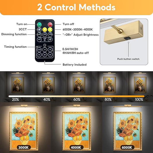 Picture Light for Wall Battery Operated, 20" Rechargeable Art Light with Remote and Timer for Painting, 9000mAh Wireless Wall Light for Display, Artwork, Portrait, Gallery, Bronze