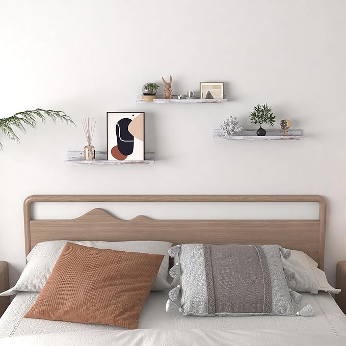 Lavezee 24 Inch Floating Shelves for Wall Set of 3, Rustic Picture Ledge Wall Mounted Shelf for Living Room, Bedroom, Kitchen, Bathroom, Distressed White