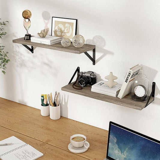 Floating Shelves, 8 Inch Deep Rustic Wood Wall Storage, 24W x 8D Wall Shelves Set of 2, Heavy Duty Metal Brackets, Industrial Book Shelf for Living Room, Kitchen, Bathroom, Bedroom, Grey
