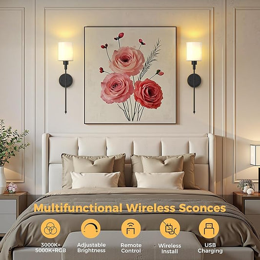 DORESshop Battery Operated Wall Sconce Set of 2, Wireless Wall Light Easy to Install, 10 Color, Sconce Wall Decor Set of 2 for Bedroom, Living Room, Black and Milky White Glass Shade, 24.3in