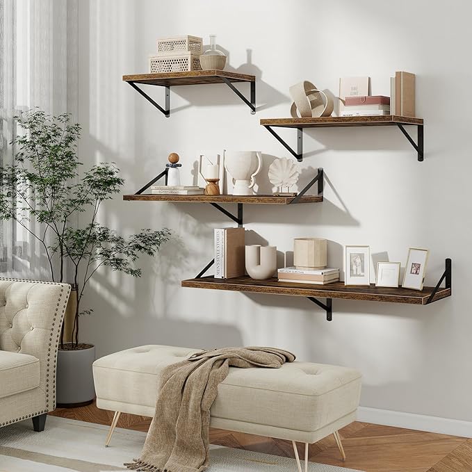 Floating Shelves, 12 Inch Deep Rustic Wood Wall Storage, 48W x 12D Wall Shelves Set of 2, Heavy Duty Metal Brackets, Large Industrial Book Shelf for Living Room, Kitchen, Bedroom, Brown