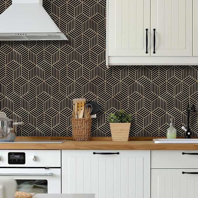 WENMER 17.7" x 118" Geometric Hexagon Peel and Stick Wallpaper - Black and Gold Removable Geometric Contact Paper for Drawer, Shelf, Cabinet, Countertop, Door