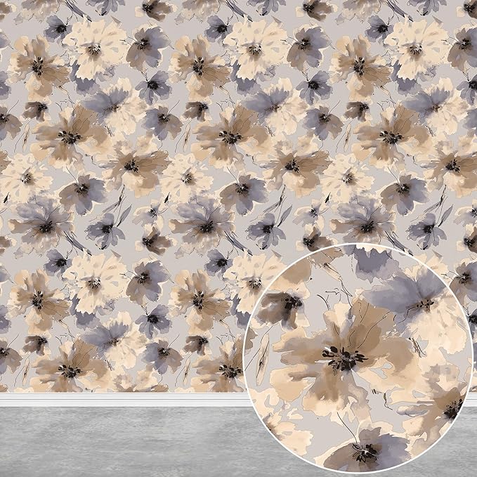 Purple Watercolor Floral Peel and Stick Wallpaper, 393" x 17.3" Vintage Removable Waterproof Self Adhesive Wall Paper, Brown Flower Contact Paper Peel and Stick for Classroom Cabinets 48.5 sq.ft