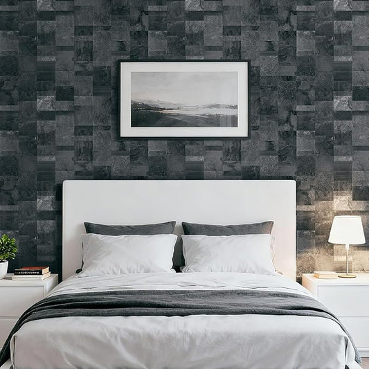 LaCheery Dark Slate Stone Tile Wallpaper Peel and Stick Brick Wallpaper Textured Tiles Faux Stone Contact Paper Peel and Stick Removable 3d Geometric Brick Wall Paper Roll for Bathroom Walls 17.5"x79"