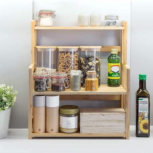 Navaris Bamboo Rack Organizer Shelf - 3-Tier Adjustable Shelves for Spice Storage Kitchen Pantry Bathroom Counter - 16.3" Wide x 19.5" High x 7" Deep
