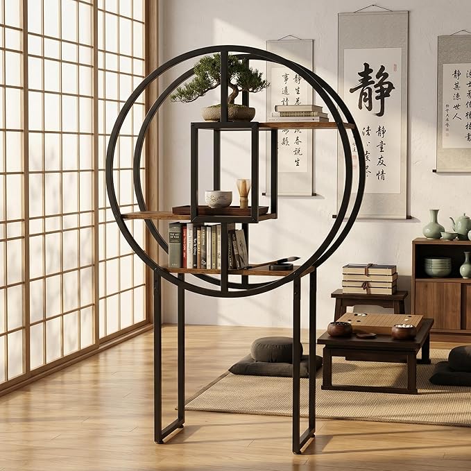 OFFICEROO Round Etagere Bookshelf 4ft 3in – Modern Asian Inspiration Circular Bookcase Shelf, Tall Circle Bookshelf & Round Shelf Standing for Living Room Display