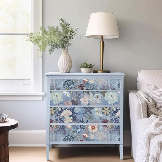 Ismoon Floral Peel and Stick Wallpaper Vintage Blue Contact Paper Jellyfish Ocean Stick on Wall Paper Removable Self Adhesive Vinyl Wallpaper for Bedroom Wall Decor Cabinet Refurbishment 17.3x393in