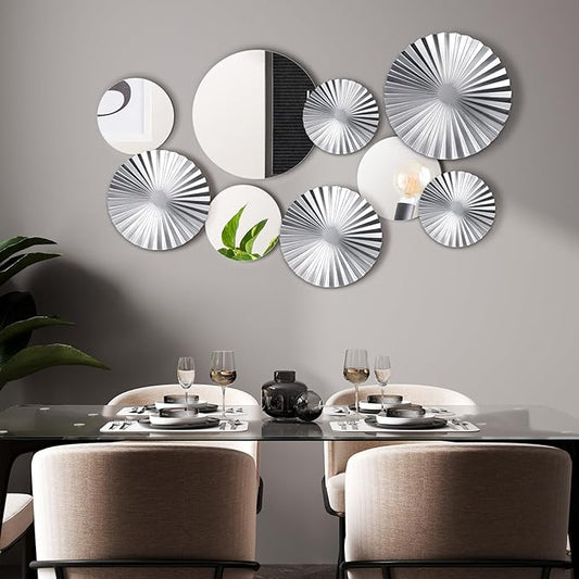 Hicarer 9 Pcs Silver Wall Decor Metal Home Decor Metal Wall Decorative Circle Plates Mirror Modern Round Accent Wall Art Sculpture Decor Hanging Decorations for Living Room Office Bedroom Kitchen