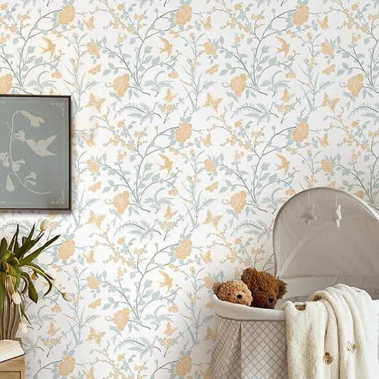 Yellow Wallpaper Floral Peel and Stick Wallpaper Boho Light Blue and Yellow Wall Paper Bird Botanical Contact Paper for Cabinets Renter Friendly Self-Adhesive Bathroom Bedroom 78.7"×17.3"
