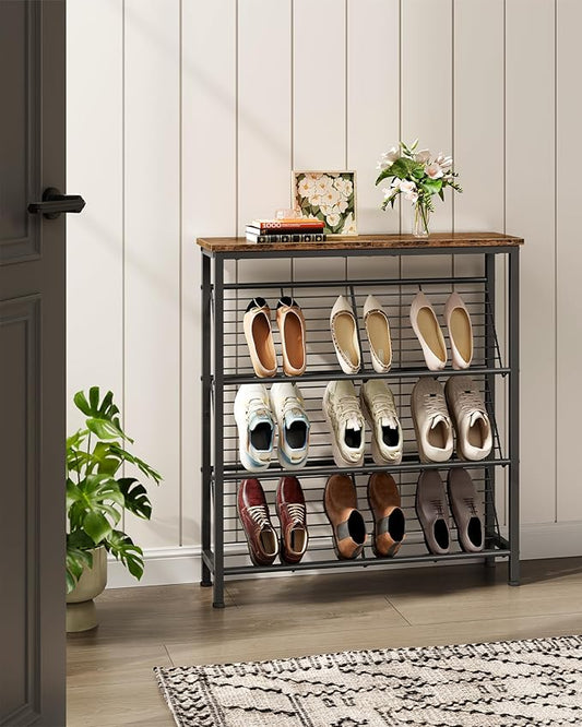 Shoe Rack, 4-Tier Narrow Shoe Storage Shelf, Slim Shoe Rack with Wooden Top and Metal Shelves, Slanted Shoe Organizer, Industrial Style, for Entryway, Hallway, Rustic Brown and Black TXJ76BF