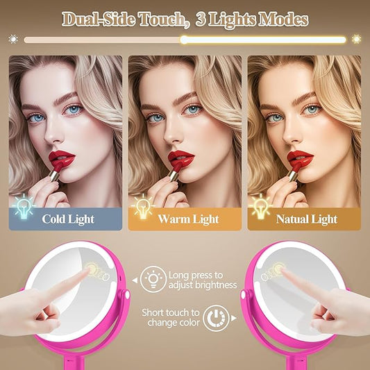 Makeup Mirror with Lights, Double Sided 1x/20x Magnifying Mirror with Light, Rechargeable 3 Color Lights and Adjustable Brightness, 360° Rotation Detachable Comes with Tweezer(Hotpink)