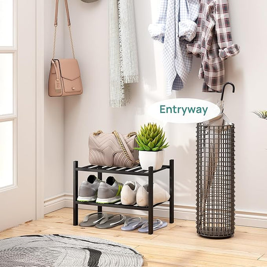 Black Small Shoe Rack for Entryway,2-Tier Bamboo Shoe Organizer for Hallway Closet, Free Standing Shoe Racks for Indoor Outdoor