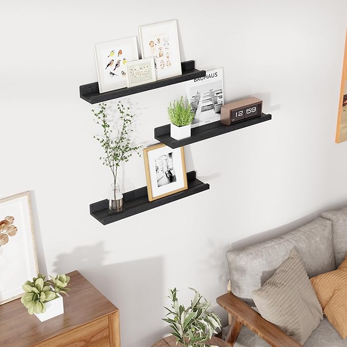 RICHFOCUS Floating Shelves for Wall, 24 inch Solid Wood Picture Ledge Shelf for Wall Storage, Nursery Book Shelves with Lip for Living Room Bathroom Bedroom Kitchen, Set of 3, Distressed Black