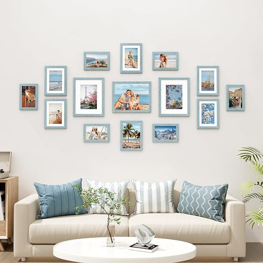 Vittanly 15 Pack Picture Frames Collage Wall Decor for Mounting or Tabletop Display, Gallery Frame Set for Family, Multi Sizes Including 3pcs 8x10, 6pcs 5x7, 6pcs 4x6, Rustic Blue