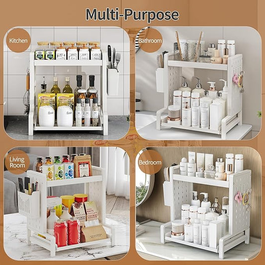 Spice Rack 2 Tier Metal Standing Kitchen Seasoning Storage Shelf with Hanging Basket Pull Out Countertop Organizer for Counter, Cabinet, Pantry, Bathroom, Bedroom (White)