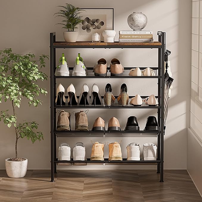 5 Tier Shoe Rack, Shoe Rack for Front Door Entrance with Hook, Shoe Organizer with Adjustable Mesh Shelves, Metal Shoes Rack for Entryway, Closet, Bedroom Living Room Garage