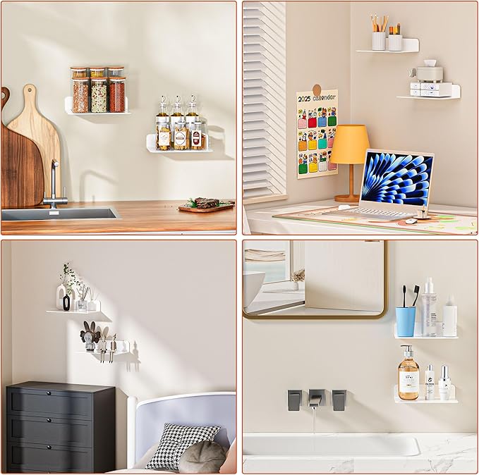 Small Floating Shelves, 9" Adhesive Wall Shelf with Cable Hole, No Drilling, Metal Display Ledges for Living Room, Bedroom, Bathroom (Glossy White, 2 Pack)
