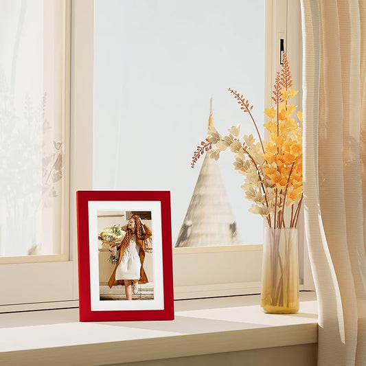 Vittanly 5x7 Picture Frame Set of 4, Display Pictures 4x6 with Mat or 5x7 without Mat, Small Photo Frames for Wall or Tabletop Display, Engineered Wood with Shatter Resistant Plexiglass, Red