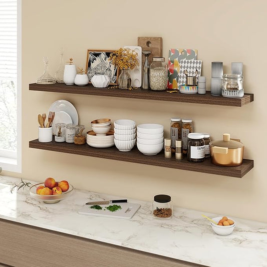 55 Inch Floating Shelves, 9.3" Deep Floating Shelf Wall Mounted, 56" Wall Shelves, Rustic Deep Bookshelf, Large Display Shelves & Storage Shelves for Bedroom, Living Room, Walnut, Set of 2
