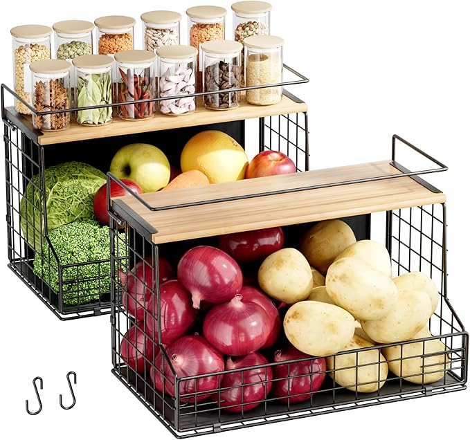 Magnetic Shelf for Fridge 2 Pack, Large Container Magnetic Spice Rack for Refrigerator, Fruit Potato and Onion Storage Bins, Magnetic Basket with Wood Lid, Kitchen Counter, Cabinet