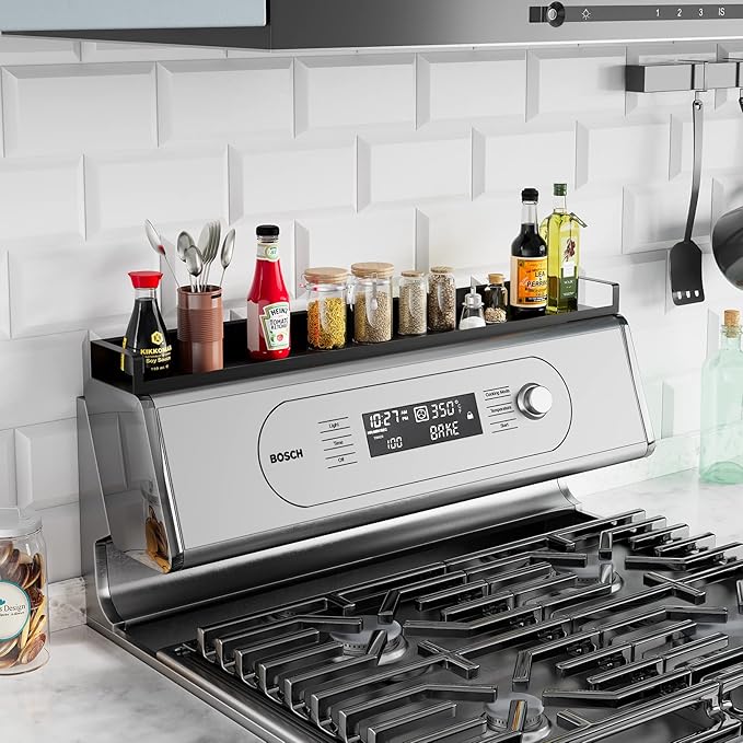4X Strong Magnetic Stove Top Shelf, Adjustable 15-30 Inches, Fits Various Stove Lengths, Kitchen Organizer, Holds Spices, Condiments and BBQ Sauces (Matte Black)