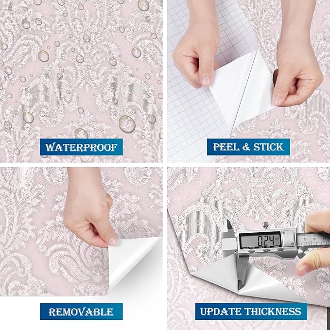 FunStick 24"x200" Vintage Pink Damask Floral Peel and Stick Wallpaper Textured Victorian Embossed Flower Wallpaper for Bedroom Girls Room Nursery Walls Self Adhesive Contact Paper for Cabinets Drawers