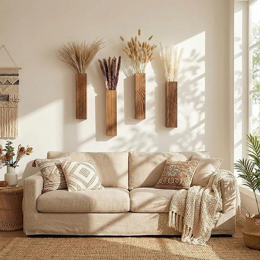 4-Piece Wooden Hanging Wall Vase Set with Pampas Grass and Eucalyptus Dried Flowers, Modern Farmhouse Home Decor for Living Room Entryway Bathroom Hallway Dining Room(Walnut)