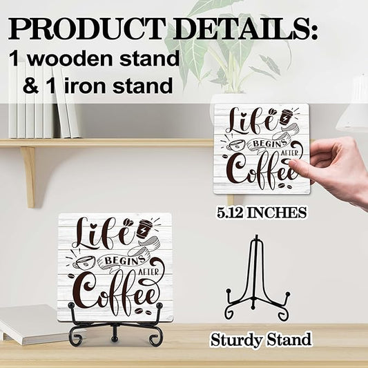 Coffee Bar Decor, Farmhouse Kitchen Table Decor, Coffee Station Accessories, Wooden Decorative Sign with Iron Stand for Table Desk Shelf Display-E21
