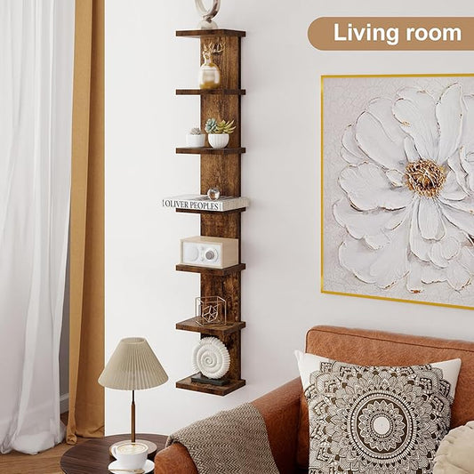 Fun Memories 7 Tier Wall Shelf Unit, Decorative Wall Mount Vertical Shelving, Floating Storage Home Decor Organizer Tall Tower Design Utility Shelving Bedroom Living Room