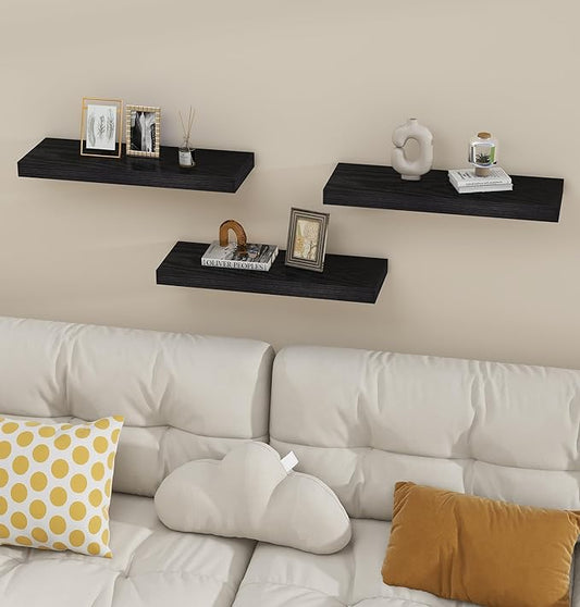 Vervida® 3 Pack Black Floating Shelves,24" W x 7.9" D x 1.5" H, Holds Up to 37 Lbs, Ideal for Living Room, Bedroom, Bathroom, Kitchen, Office, Storage, Display, with Invisible Brackets Wall Shelves