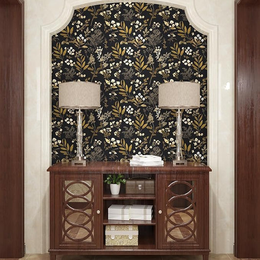 Black Gold Wallpaper Peel and Stick Dark Floral Wallpaper 17.5in x 118in Vintage Leaf Contact Paper Vinyl Waterproof Self Adhesive Boho Botanical Wall Paper for Bedroom Cabinet Décor