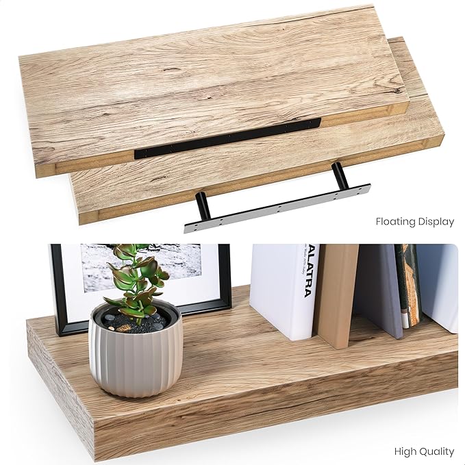 Ballucci Floating Shelves for Wall, 24" Wood Wall Shelf Set of 2, with Invisible Brackets for Bathroom, Living Room, Bedroom, Kitchen, Nursery, 8" Deep, Oak Finish