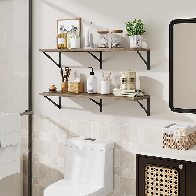 Deep Floating Shelves for Wall,36" Wx10 D Wood Wall Shelves with Metal Brackets,Hanging Storage Floating Shelf for Living Room,Bedroom,Bathroom,Office,Kitchen,Grey