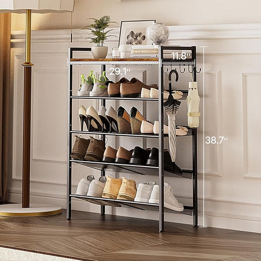 5 Tier Shoe Rack, Shoe Rack for Front Door Entrance with Hook, Shoe Organizer with Adjustable Mesh Shelves, Metal Shoes Rack for Entryway, Closet, Bedroom Living Room Garage