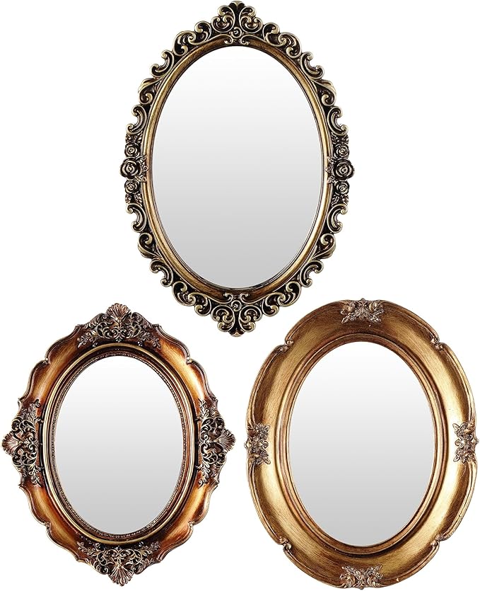 3 Styles Vintage Gold Mirror Set Wall Decorative, Vintage Wall Mirror Antique Hanging and Tabletop with Stand for Living Room Bedroom Dresser, Classic Home Wedding Decor(Retro Style)