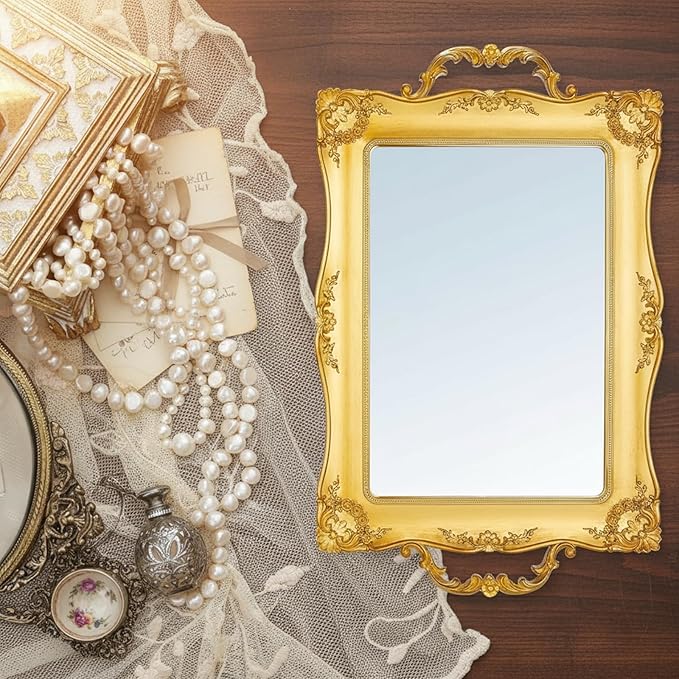 4 Pcs Vintage Gold Mirrors Set Including Small Oval Wall Mirror Antique Shield Shape Square Decorative Mirror Dresser Mirrored Tray for Bedroom Wedding Victorian Decor (Classic,Gold)