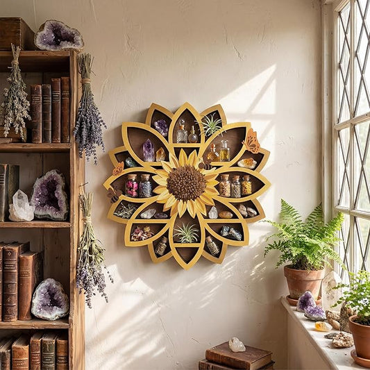 Sunflower Gifts for Women, Sunflower Decor Wooden Wall Floating Shelves with Lifelike Flower & Bee Accents, Trinket Crystal Display Shelf Boho Decor for Home Bedroom Living Room, Birthday Gift for Her