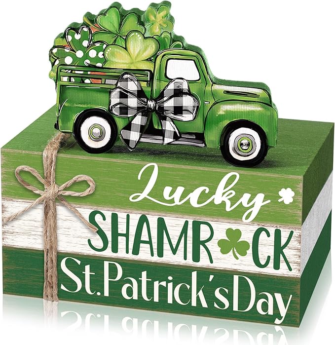 Geelin 4 Pcs St. Patrick's Day Table Decorations Wooden Shamrocks Rustic Tiered Tray Decor with Green Truck, Irish Farmhouse Shelf Centerpiece for Home Kitchen Living Room Holiday Decoration