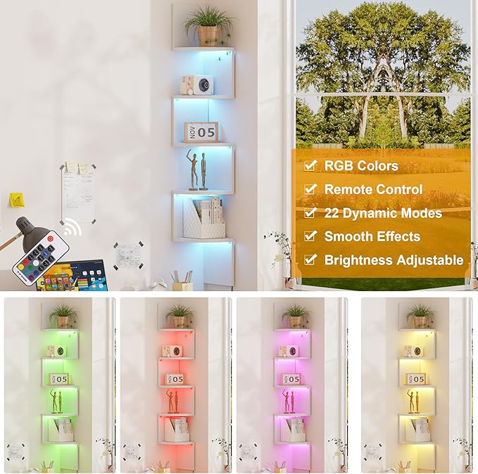 Corner Shelf Wall Mount with LED Light, 5 Tier Floating Corner Shelves, Plant Shelf for Bedroom, Floating Shelves for Wall, Display Stand for Living Room, Bathroom, Home Office, White