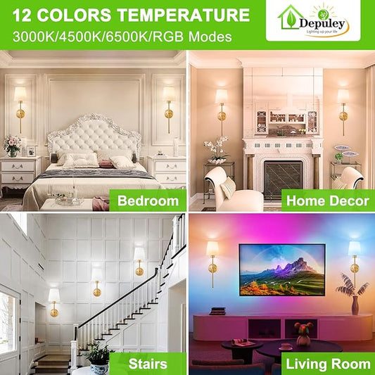 Depuley Battery Operated Wall Sconce: Set of 2 Wireless Wall Lights with Remote for Bedroom - Rechargeable 15 Colors Gold Wall Lamp for Living Room Hallway (Pack of 2)