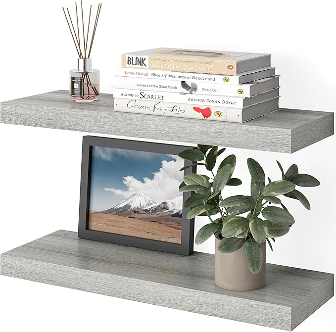 Ballucci Floating Shelves for Wall, 24" Wood Wall Shelf Set of 2, with Invisible Brackets for Bathroom, Living Room, Bedroom, Kitchen, Nursery, 8" Deep, Rustic Gray