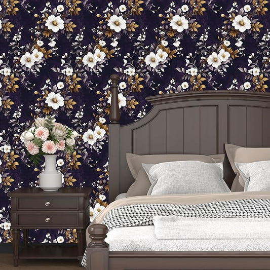 Vintage Floral Wallpaper Peel and Stick Purple White Flowers Contact Paper 17.5" x 118" Wall Paper Self Adhesive Vinyl Waterproof Removable for Kitchen Bathroom Shelves Cabinet Drawer Table Decor