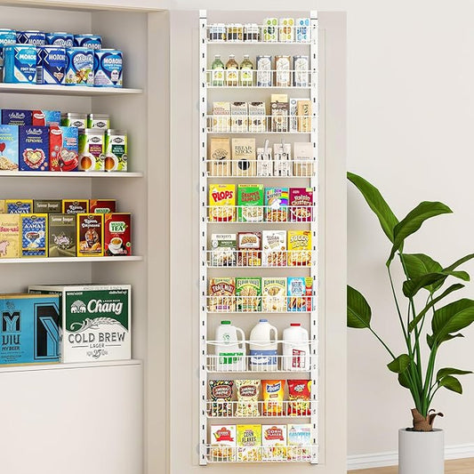 MIAOLI Over the Door Pantry Organizer, 10-Tier Adjustable Spice Rack Cabinet Door Shelves, Hanging Seasoning Organizer for Kitchen Bathroom, Laundry Room Organization, White