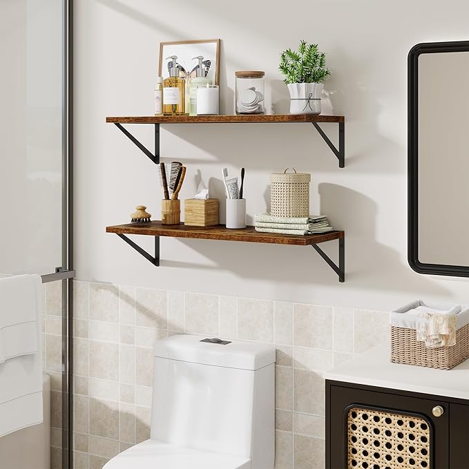 Deep Floating Shelves for Wall,30" Wx10 D Wood Floating Shelf Set of 2,Sturdy Metal Bracket Wide Display & Storage,Wall Mounted Hanging Floating Shelves for Living Room,Bedroom,Rustic Brown