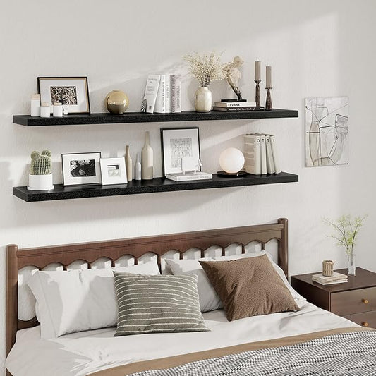 Fun Memories Black Deep Floating Shelves, 72 x 12 Inch Long Wall Shelves, Large Display Shelf & Storage Shelf, Wood Floating Wall Shelves for Fireplace Mantel, Living Room, Home Office - Set of 2