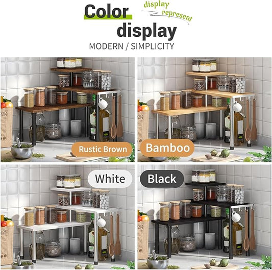 BMOSU Kitchen Corner Shelf Countertop Organizer with Hooks Adjustable Spice Rack Corner Display Rack Shelf Cabinet Counter Shelves(Bamboo)